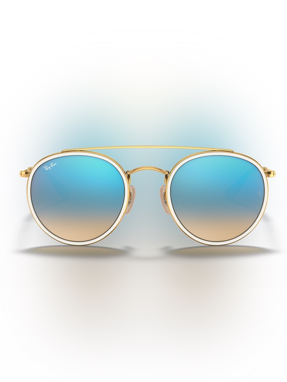 Round Double Bridge Ray Ban Gold Frame Blue Gradient Lens Sunglasses - Picture 2 of 11